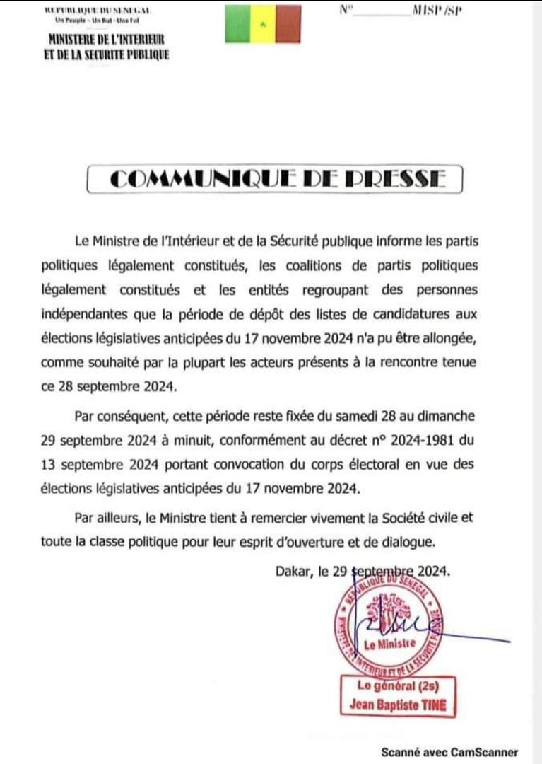 Élections législatives anticipées : pas de prolongation des délais de dépôts de dossiers (ministère de l’intérieur).