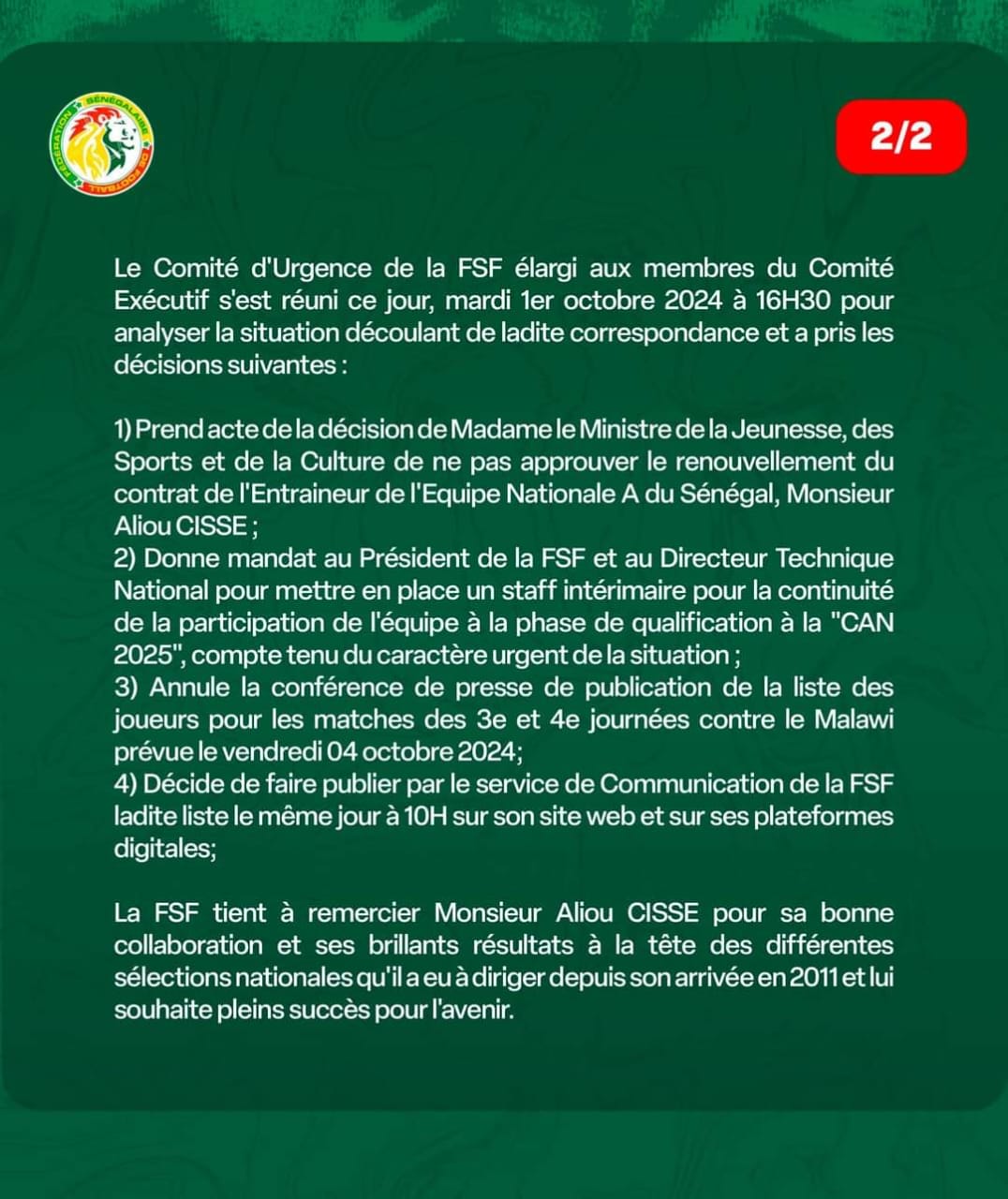 Refus du ministre des Sports de prolonger son contrat d’une année : la FSF entérine le départ d’Aliou Cissé à la tête de l’équipe nationale du Sénégal .