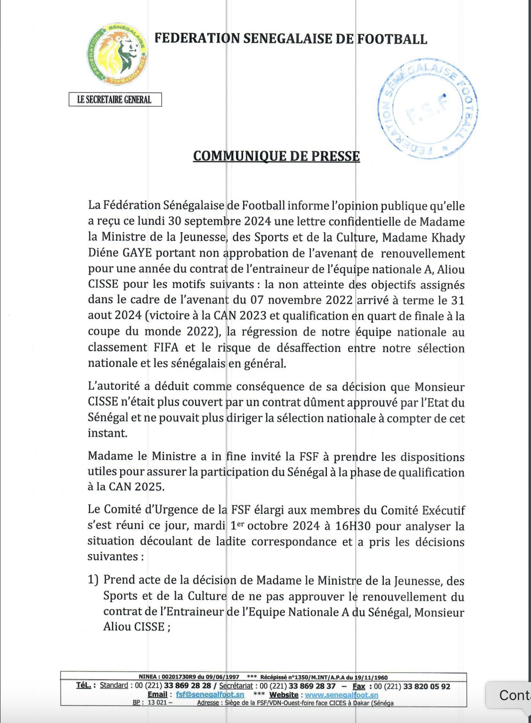 Football / Limogeage du sélectionneur national : La FSF remercie Aliou Cissé et lui souhaite pleins succès...