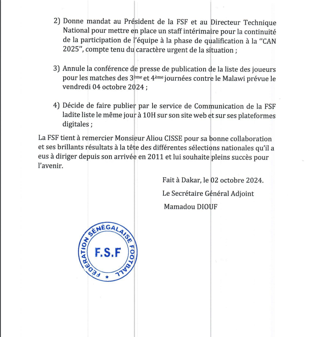 Football / Limogeage du sélectionneur national : La FSF remercie Aliou Cissé et lui souhaite pleins succès...