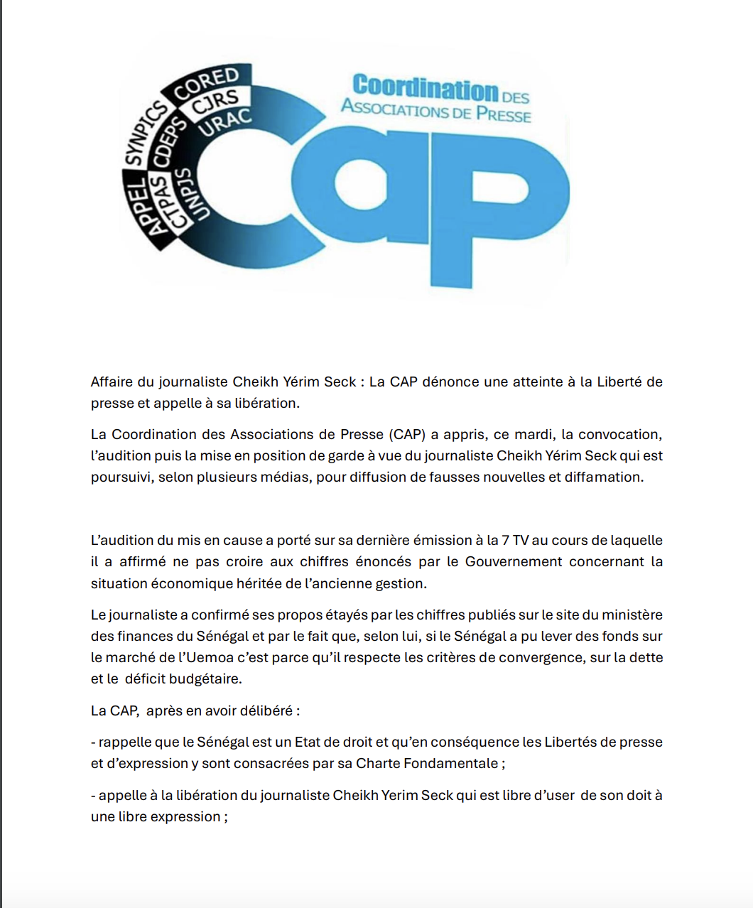 Placement en garde à vue de Cheikh Yérim Seck : la CAP dénonce une atteinte à la liberté de presse et demande sa libération.