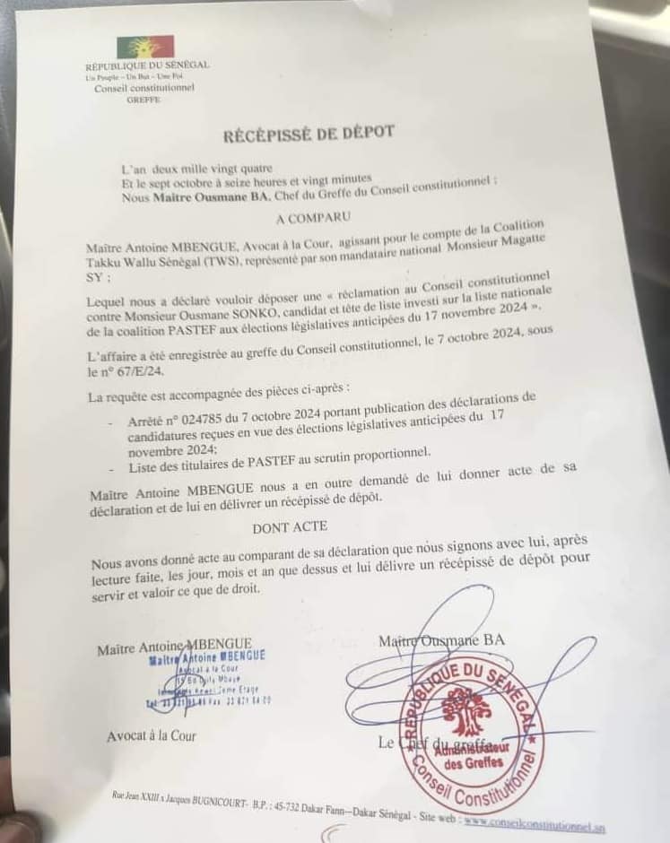 Conseil constitutionnel : la coalition « Takku Wallu Sénégal » a déposé une réclamation contre la tête de liste de Pastef, Ousmane Sonko