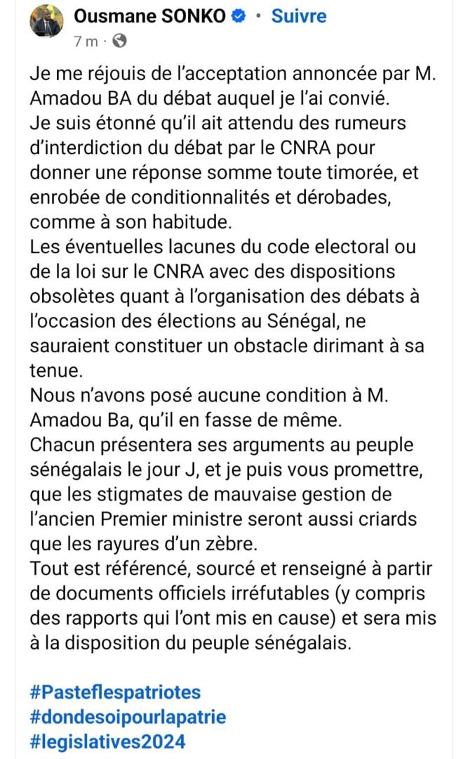 Débat public - Ousmane Sonko revient à la charge : « Nous n’avons posé aucune condition à M. Amadou Ba, qu’il en fasse de même ».