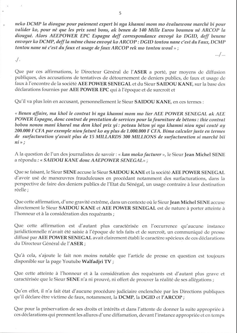 Affaire Scandale de l'Aser : AEE Power Sénégal et son DG, Saidou Kane envoient une sommation interpellative à Jean Michel Sene.