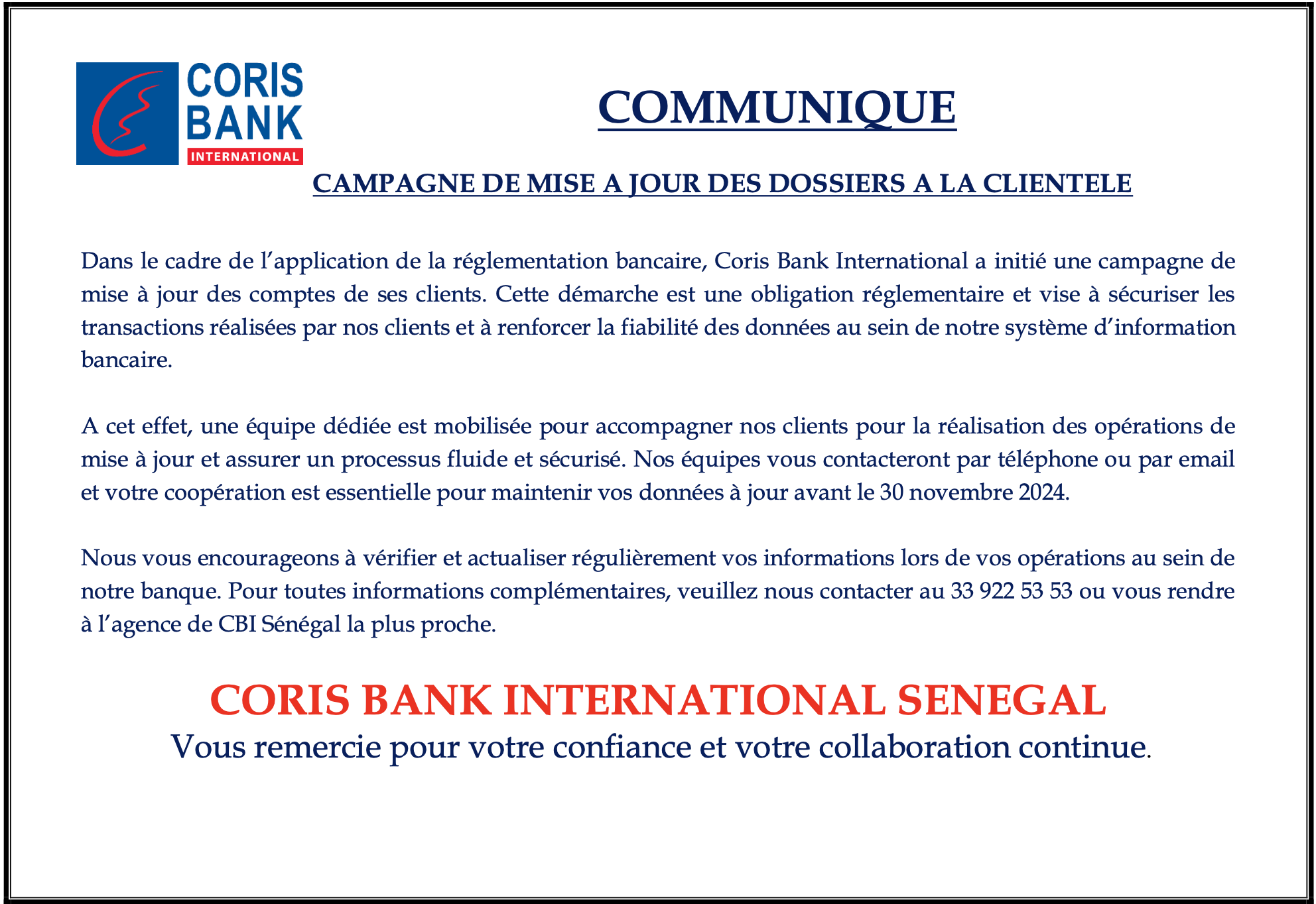 Réglementation bancaire : Coris Bank informe ses clients d’une mise à jour de leurs comptes avant le 30 novembre prochain