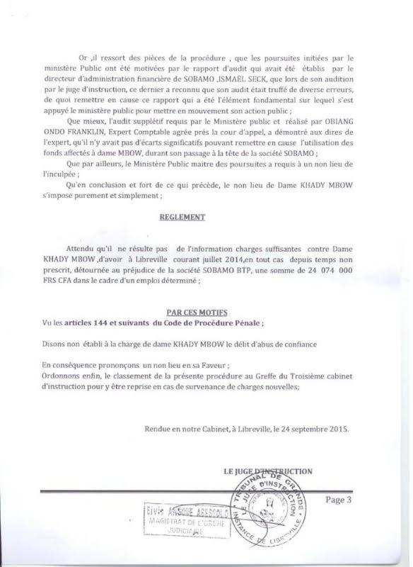 GABON : L'ancienne ministre Khady Mbow a bénéficié d'un non-lieu