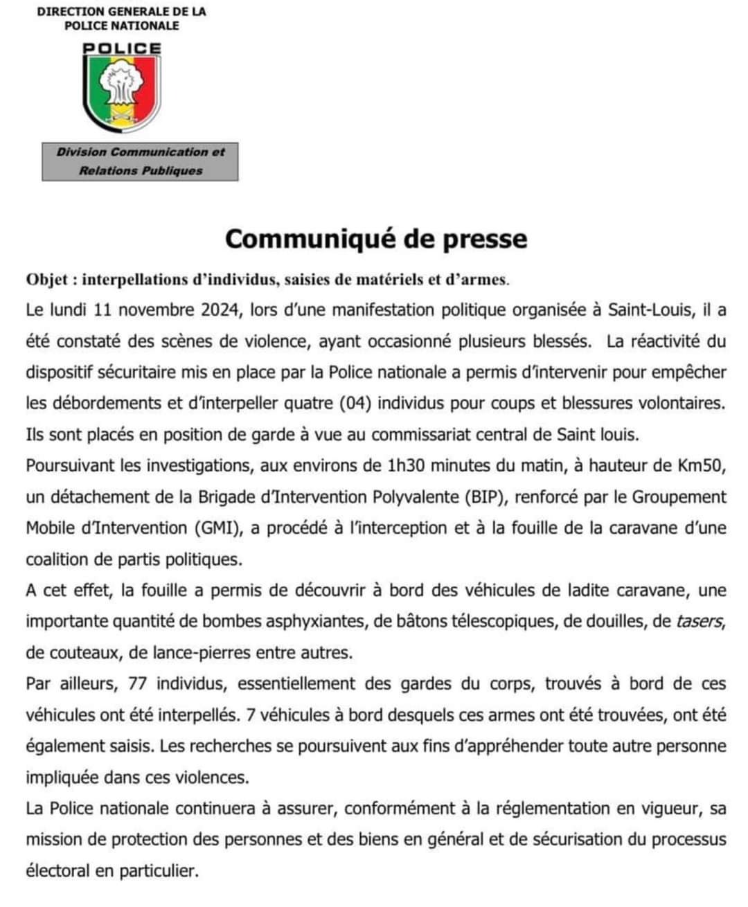 Violences électorales : 77 interpellations, 7 véhicules, du matériel et des armes saisis sur une caravane (Police)