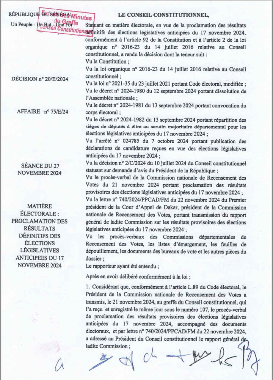 Résultas des élections législatives 2024 : le conseil constitutionnel confirme la victoire du Pastef avec 1.991.770 voix obtenues 