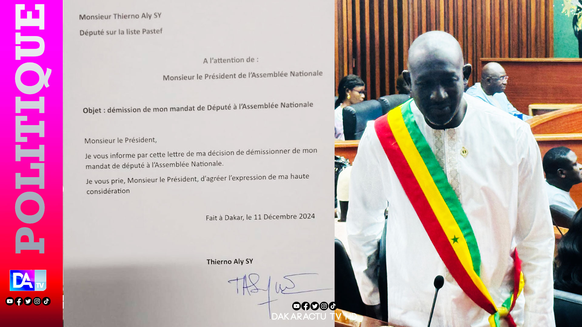 Assemblée Nationale : Thierno Aly Sy, suppléant d’Abass Fall, démissionne de son poste de député.