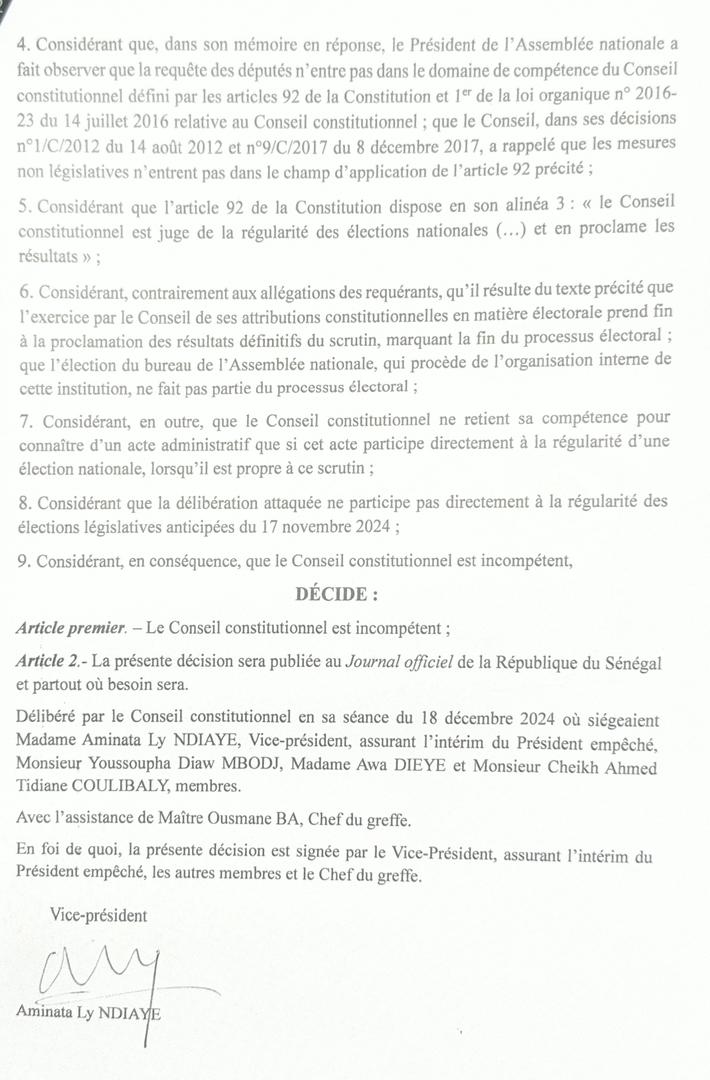 Annulation d’une délibération du bureau de l’AN: le Conseil se déclare incompétent face à la requête d’Aïssata Tall Sall et Cie