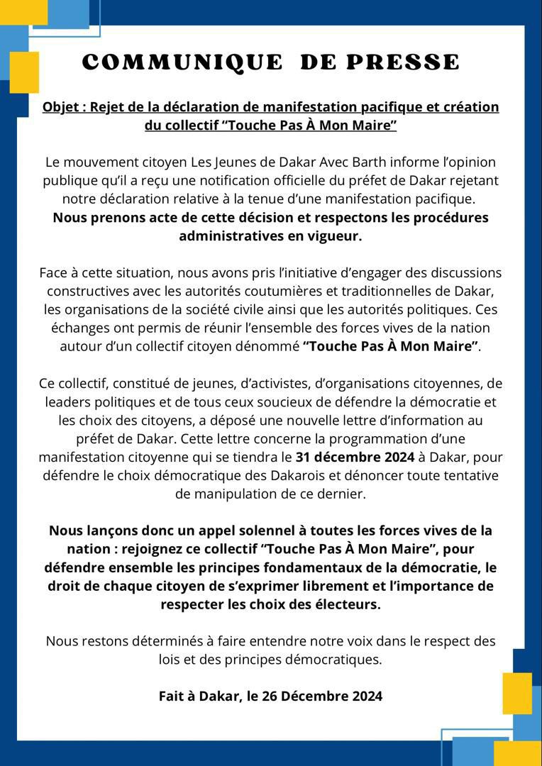 Rejet de sa déclaration de manifestation pacifique prévue ce vendredi 27 décembre: Le mouvement citoyen Les jeunes de Dakar avec Barth lance le collectif " Touche pas à mon maire".