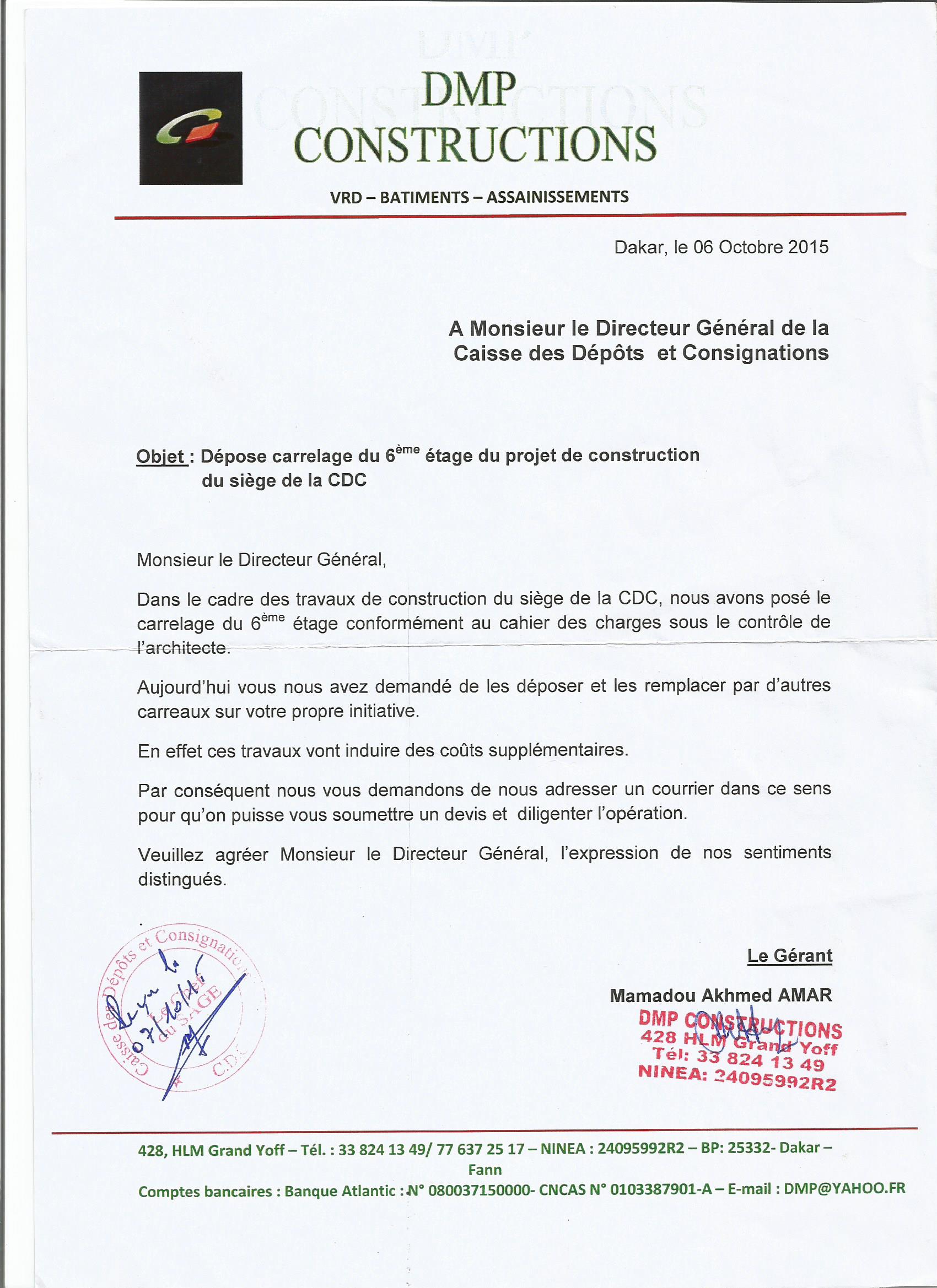 Érection du Siège de la Caisse des Dépôts et Consignations par DPM Constructions : Toute la vérité sur la brouille de 145 millions F Cfa entre le Dg Thierno Niane et le Dg Moustapha Ahmet Amar (Documents)