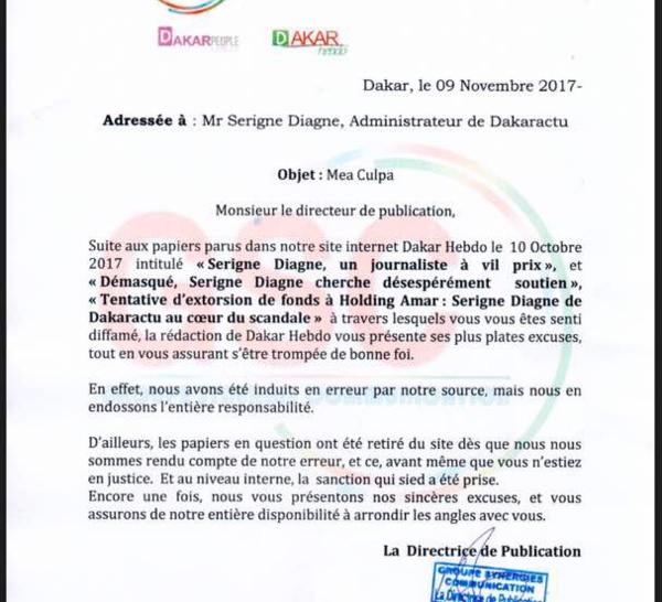 Le site d'informations Dakarhebdo de Cheikh Amar présente ses excuses à Serigne Diagne de Dakaractu (DOCUMENT)