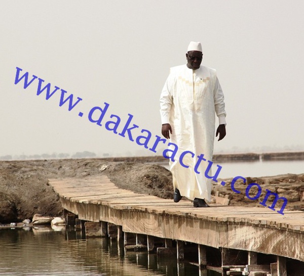 Macky traverse une passerelle d'un mètre de large pour rencontrer un travailleur des salins du Sine-Saloum