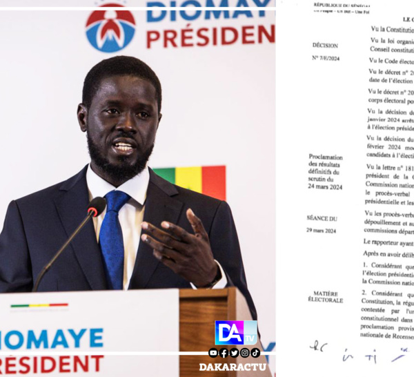 Scrutin du 24 mars 2024: Le Conseil constitutionnel confirme Bassirou Diomaye Faye, 5e président de la République du Sénégal 