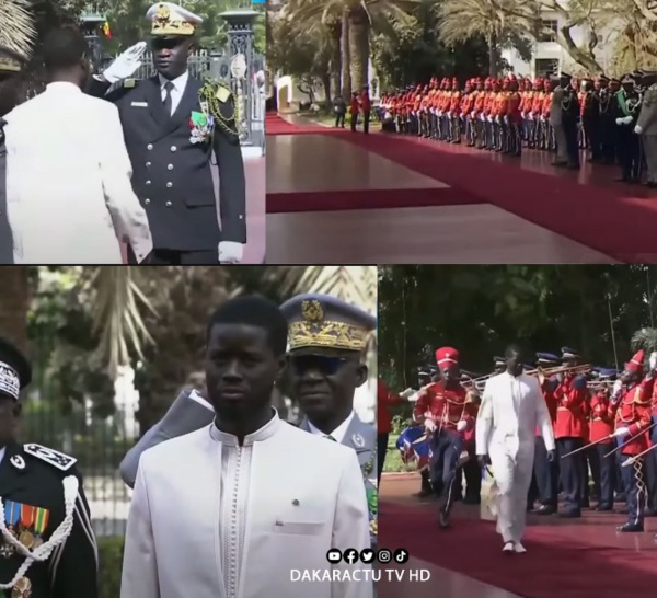 Levée des couleurs au palais: Le PM Ousmane Sonko en compagnie des hommes de confiance de Macky Sall ont accueilli SE Bassirou Diomaye Faye.